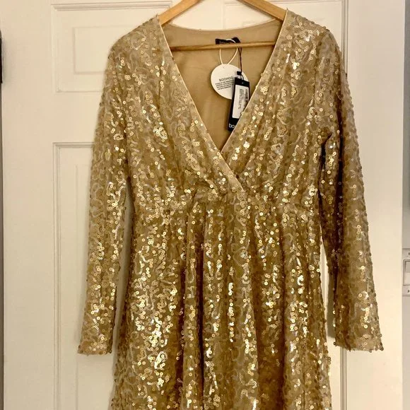 slim fit dress slacks Gold Silver Metallic Mock Neck Skater Dress Medium main image 1